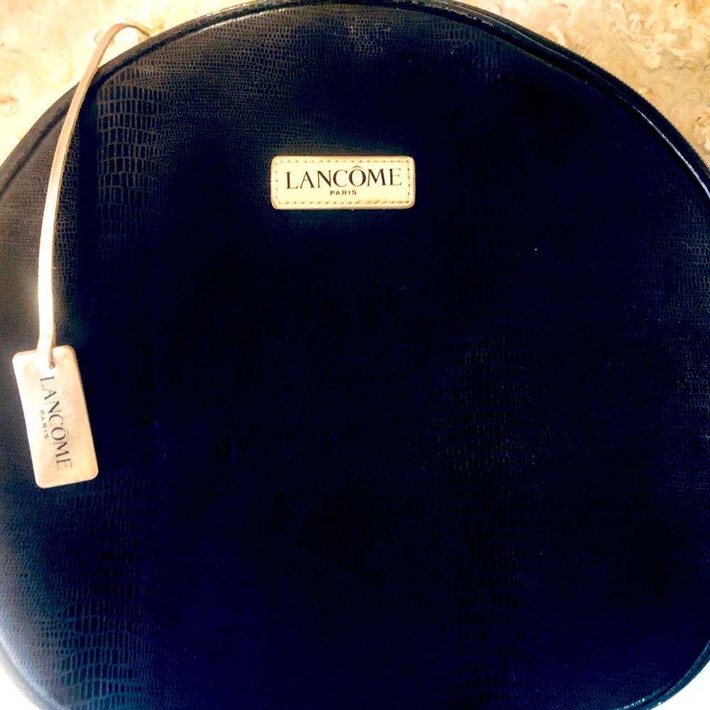 Lancôme Faux Leather Round Cosmetic Bag. Black/Gold Zipper. 11” ~ 4 “ deep.